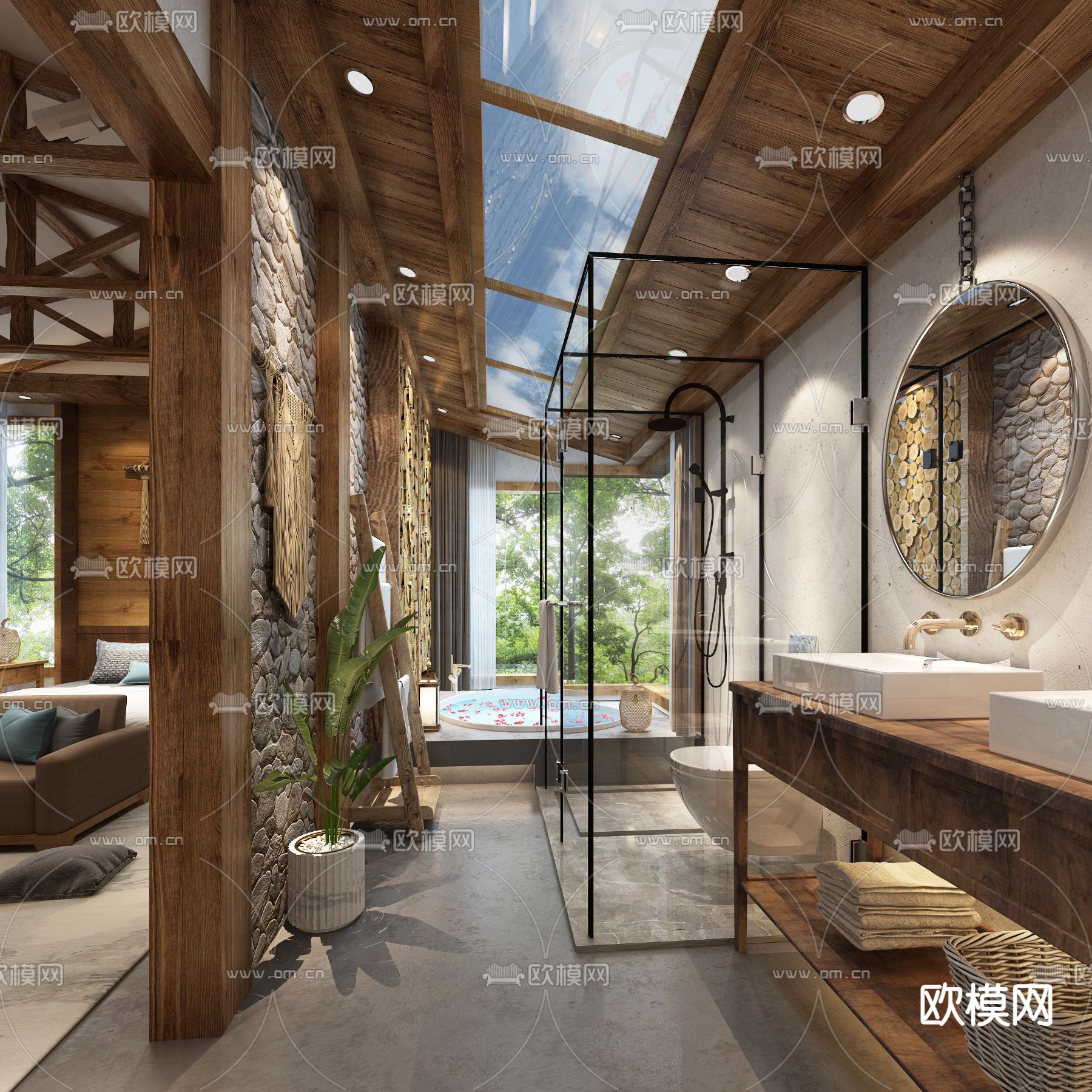 新中式民宿卧室3d模型下载（渲染图3）