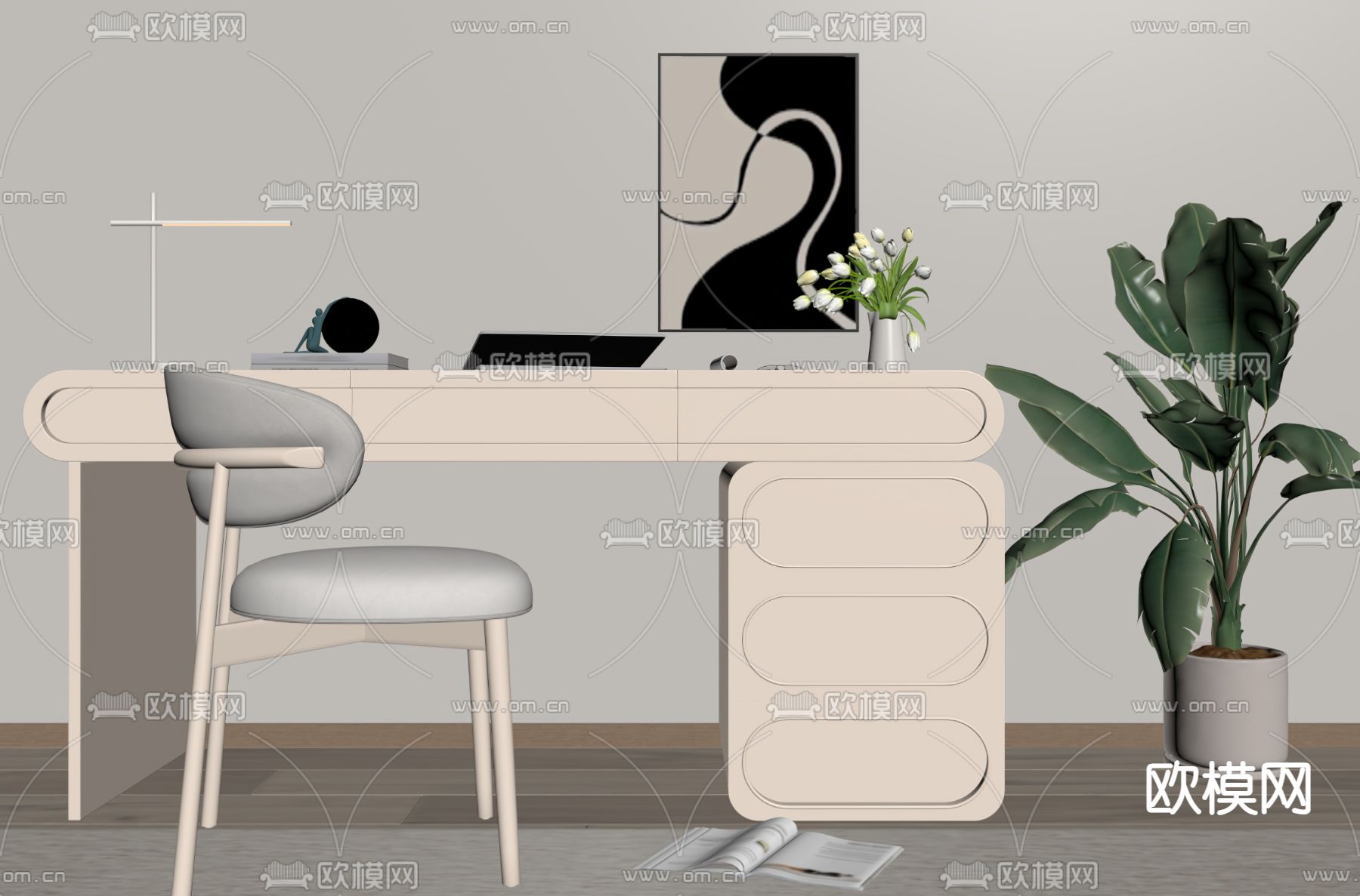 现代书桌椅su模型下载（渲染图1）