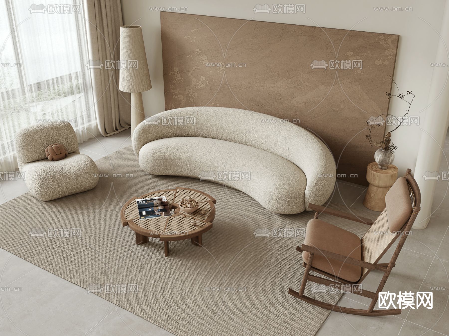 侘寂风组合沙发su模型下载（渲染图2）