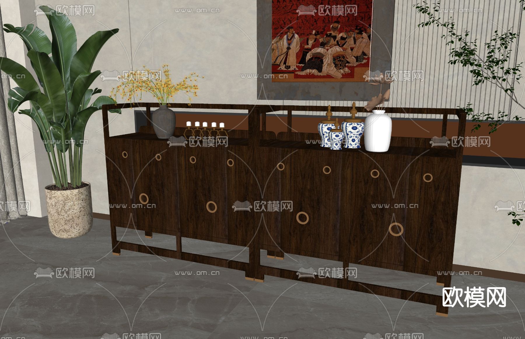 新中式餐边柜su模型下载（渲染图1）