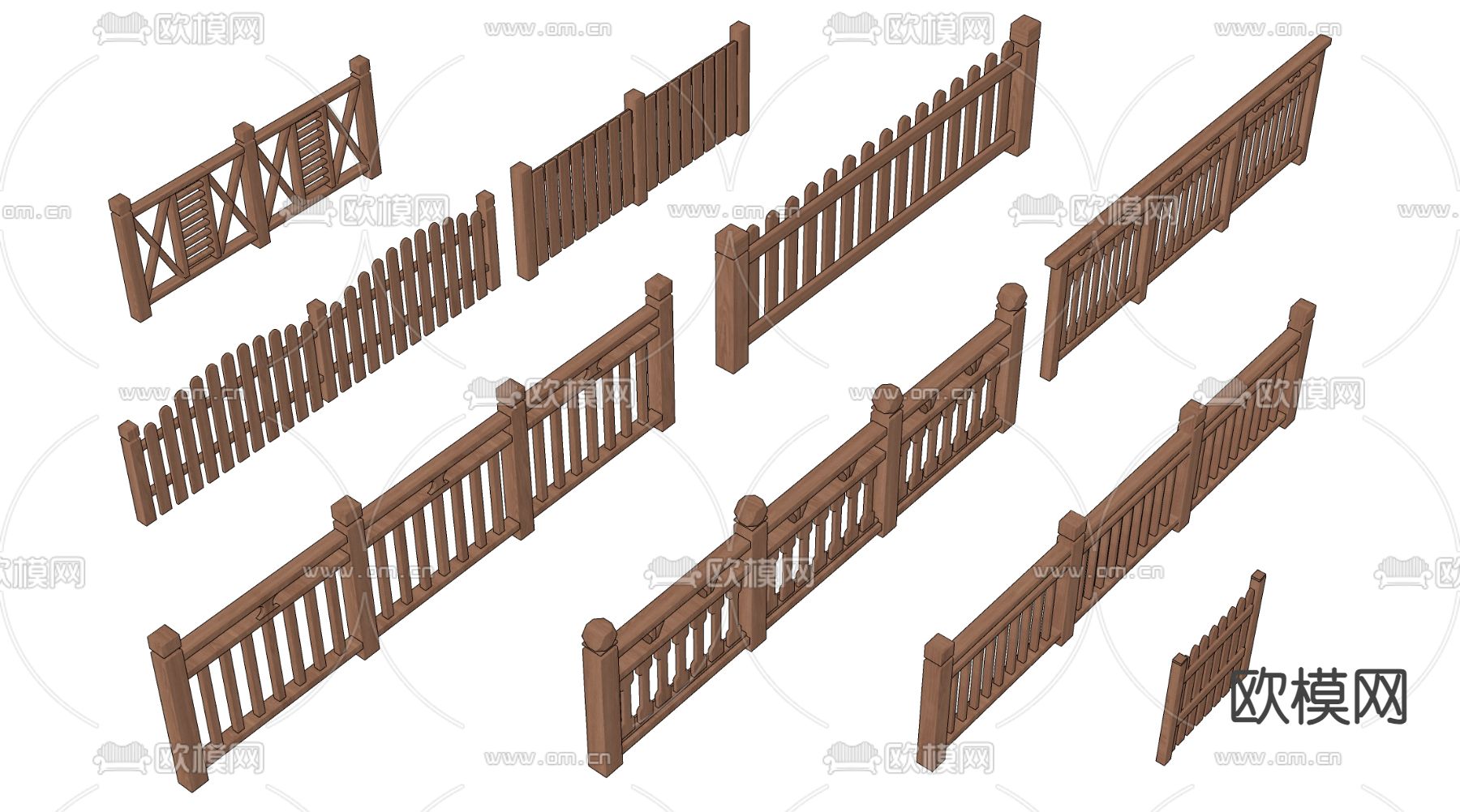 中式木栏杆 木篱笆 护栏 木围栏su模型下载（渲染图1）