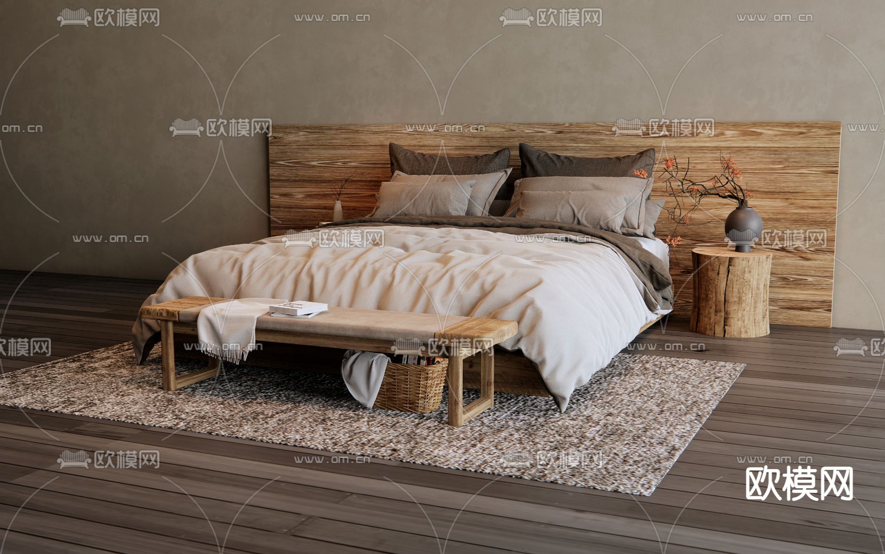 侘寂双人床3d模型下载