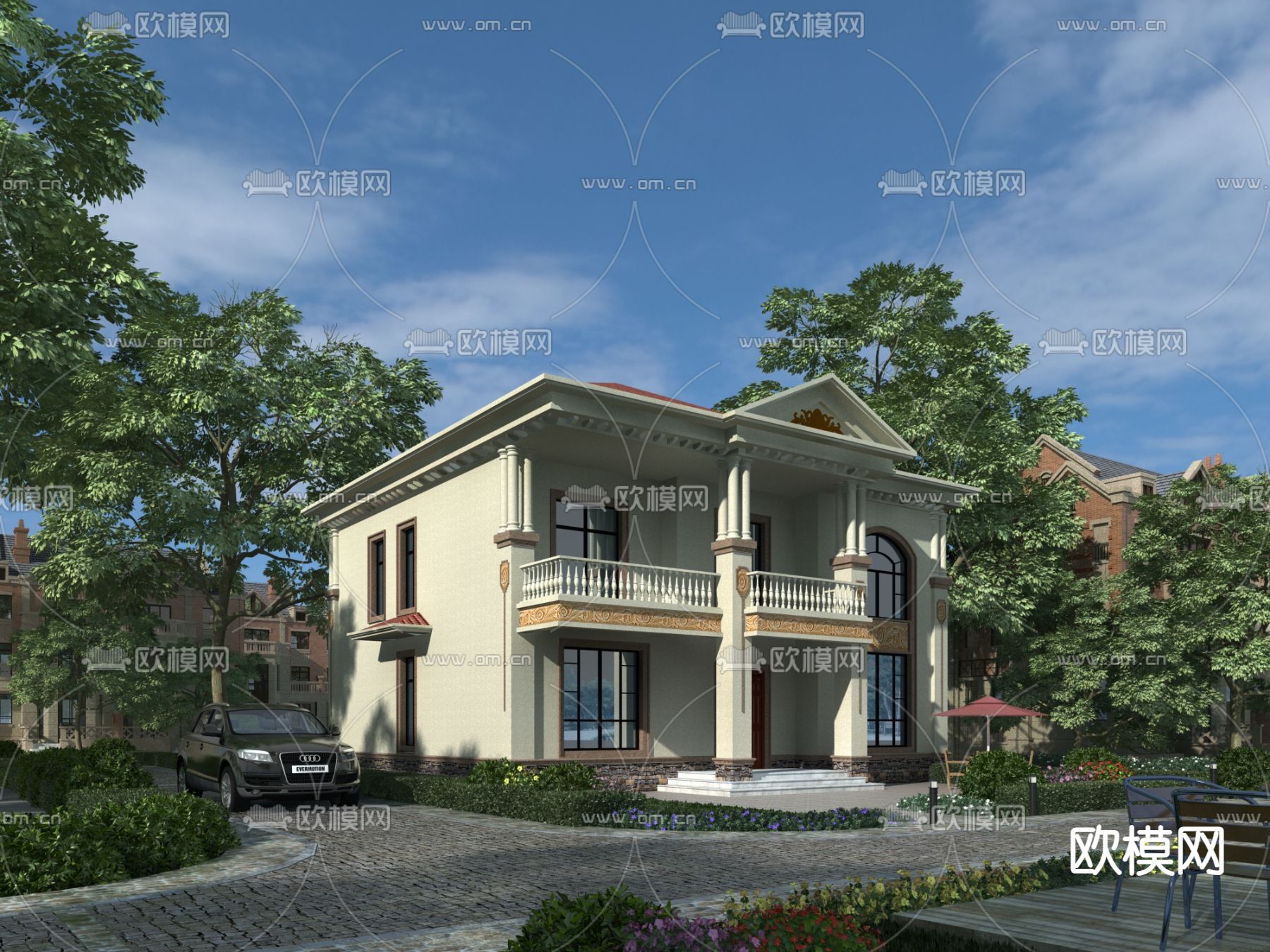 简欧独栋别墅su模型下载（渲染图2）