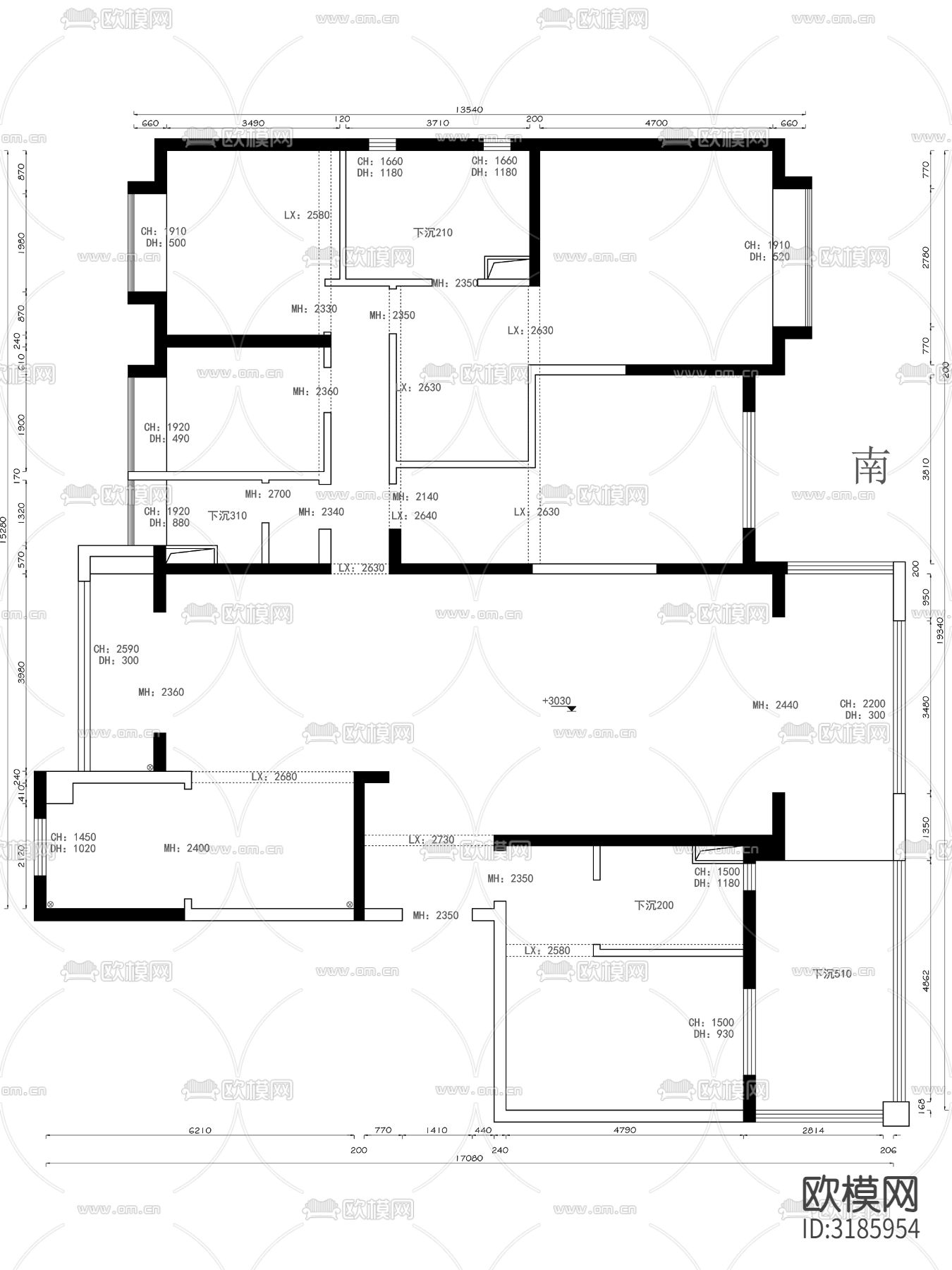 300㎡大平层CAD施工图下载（渲染图1）