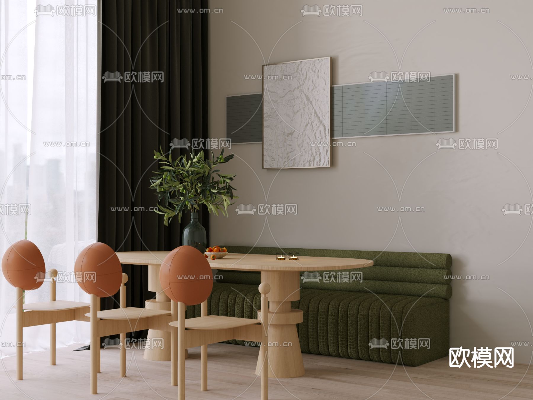 法式餐桌椅 卡位餐桌椅 卡座沙发3d模型下载（渲染图1）