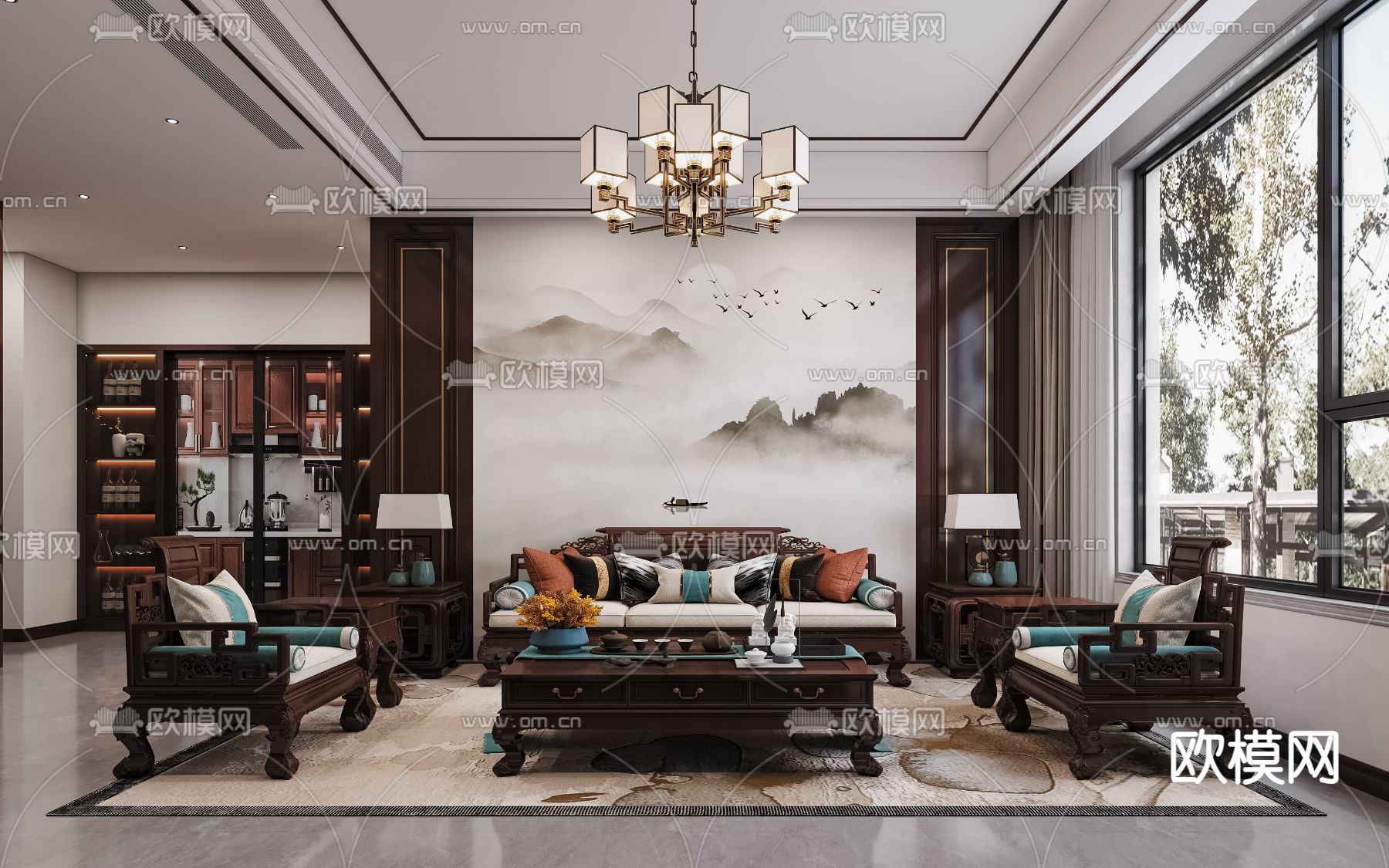 中式客厅3d模型下载（渲染图1）