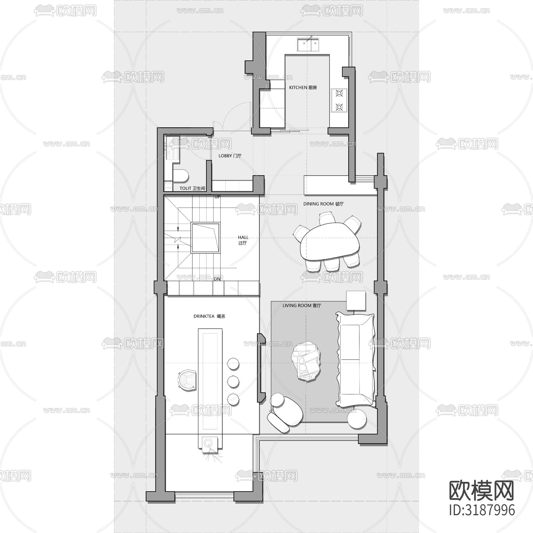 200㎡三层叠墅户型优化改造户型平面图下载（渲染图2）
