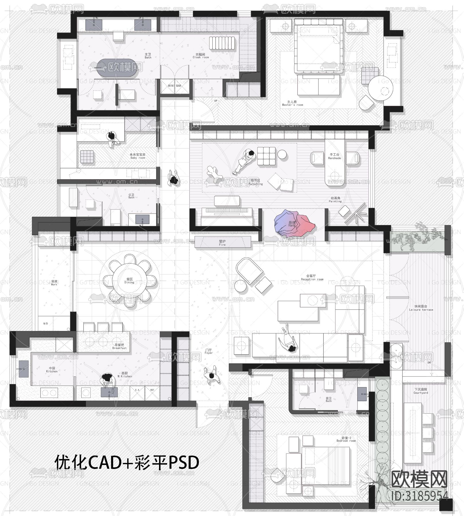 300㎡大平层CAD施工图下载（渲染图4）