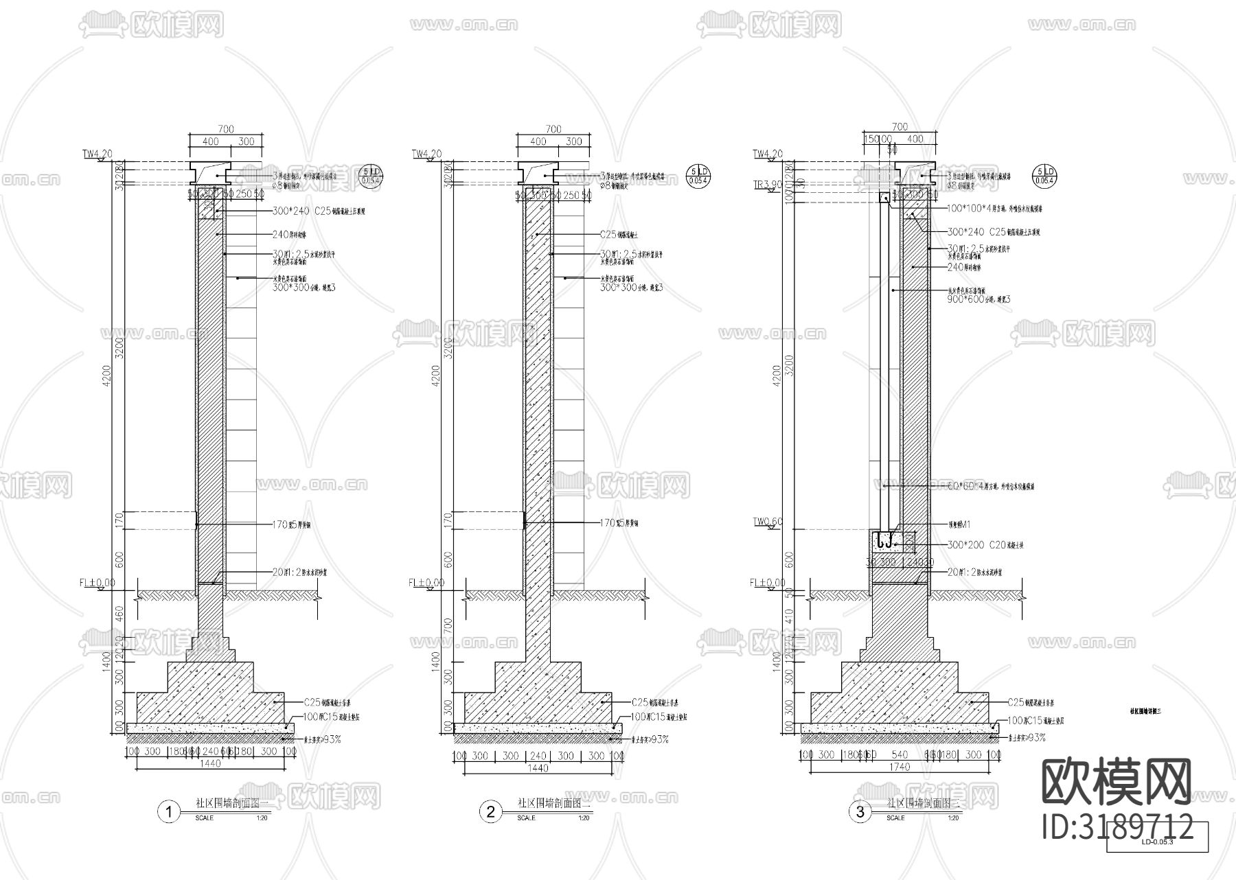 新中式小区围墙实心围墙节点大样图下载（渲染图1）