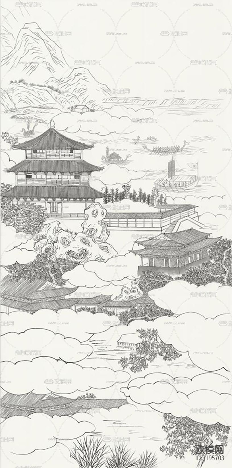 中式壁画山水阁楼壁纸贴图下载