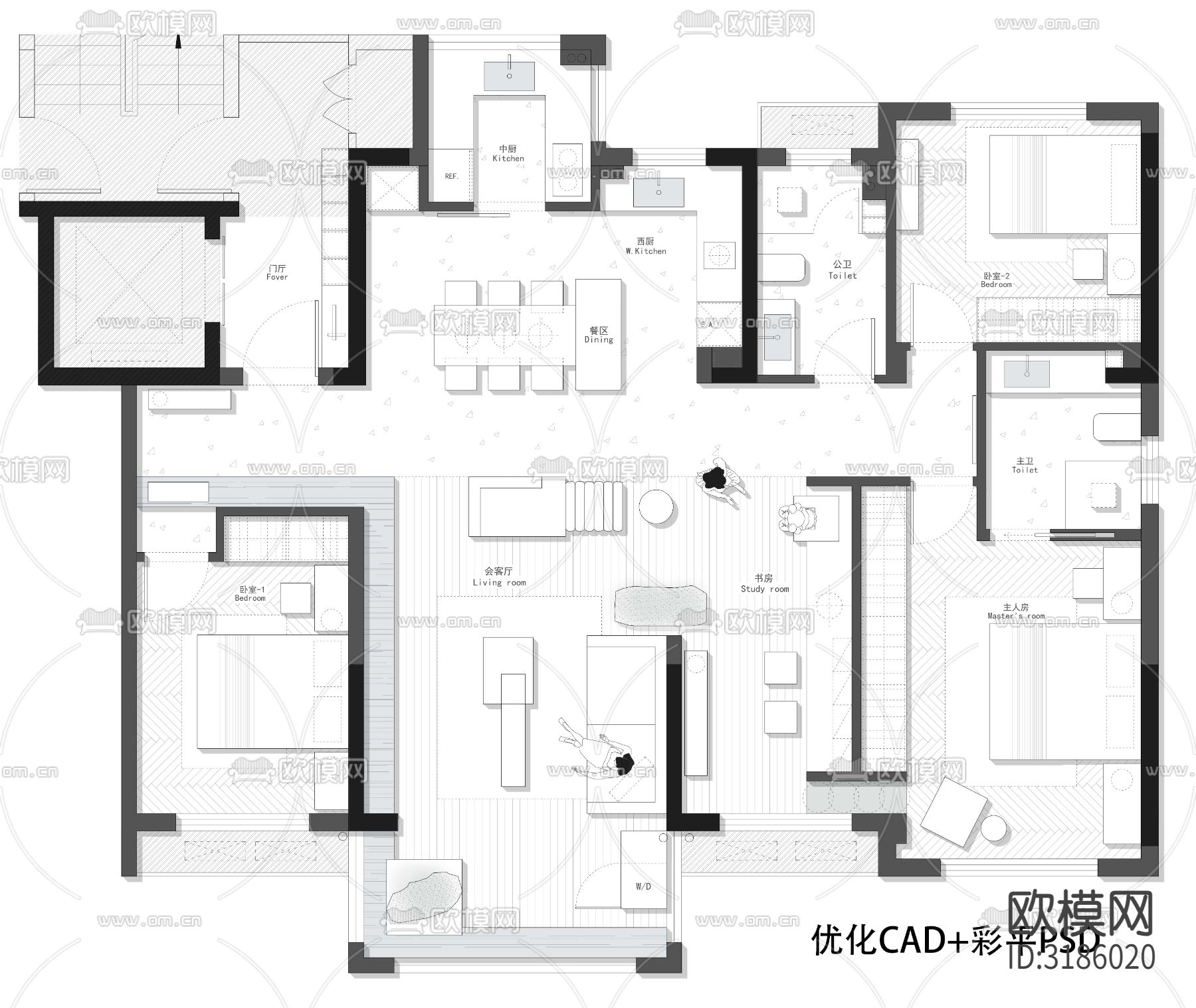 2024年120㎡平层户型改造优化户型平面设计cad施工图下载（渲染图1）