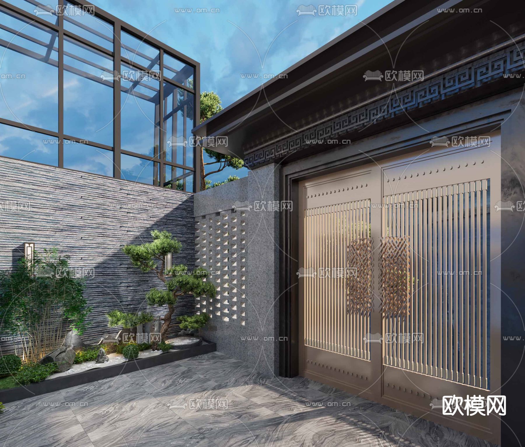 新中式庭院门 别墅大门3d模型下载