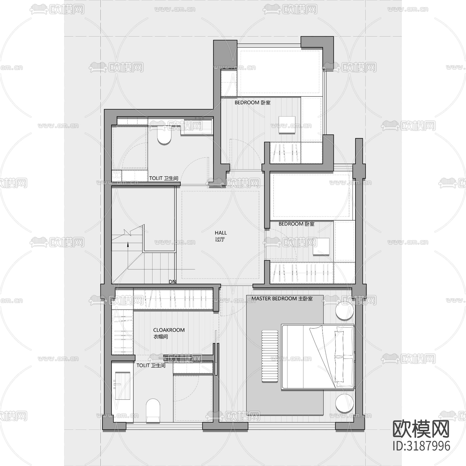 200㎡三层叠墅户型优化改造户型平面图下载（渲染图3）