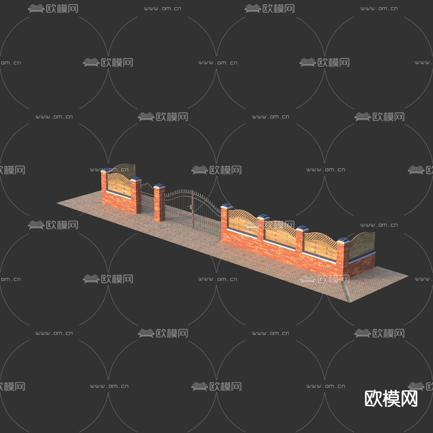 围墙砖墙 铁大门 护栏围栏3d模型下载