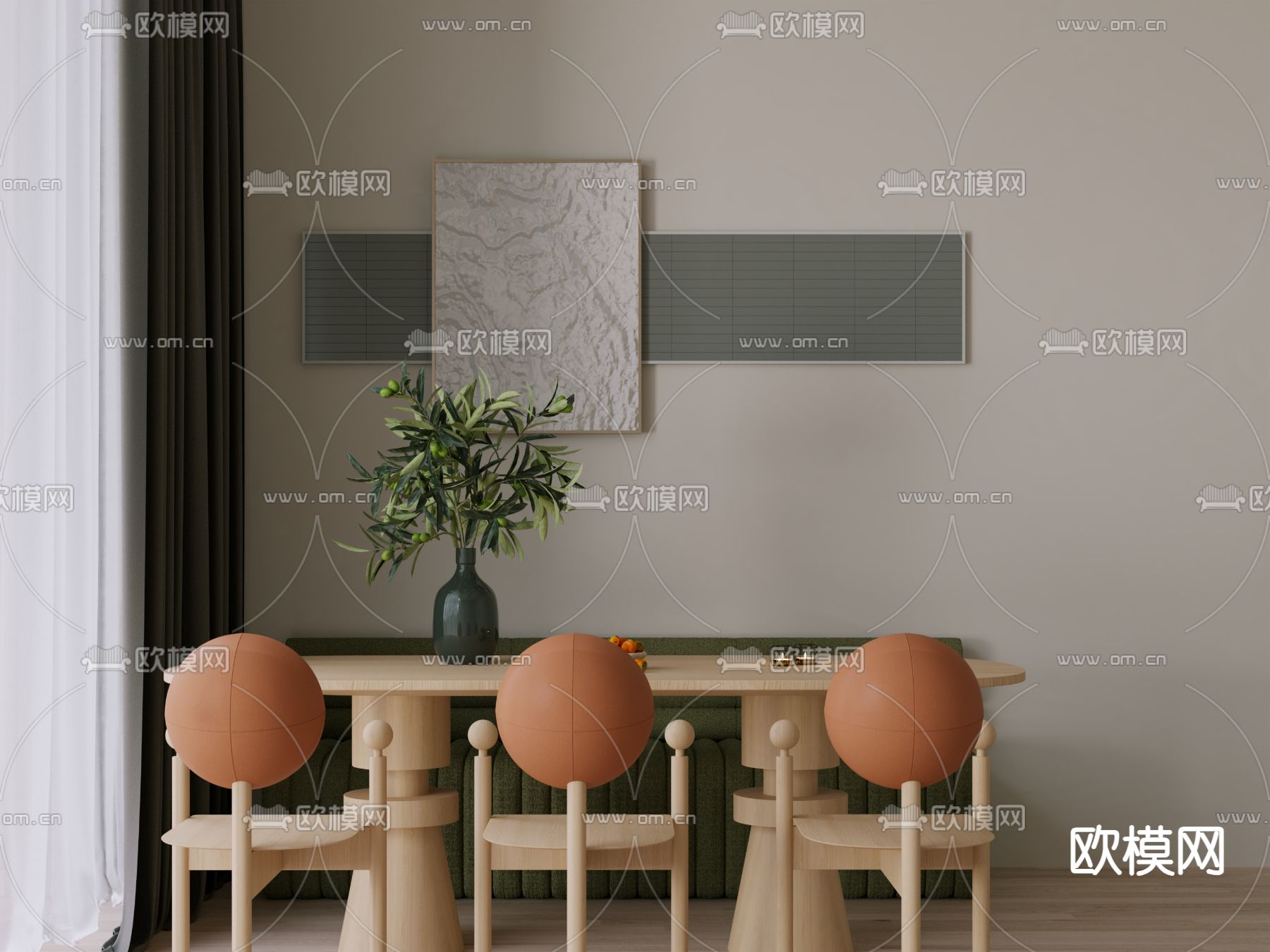 法式餐桌椅 卡位餐桌椅 卡座沙发3d模型下载（渲染图2）