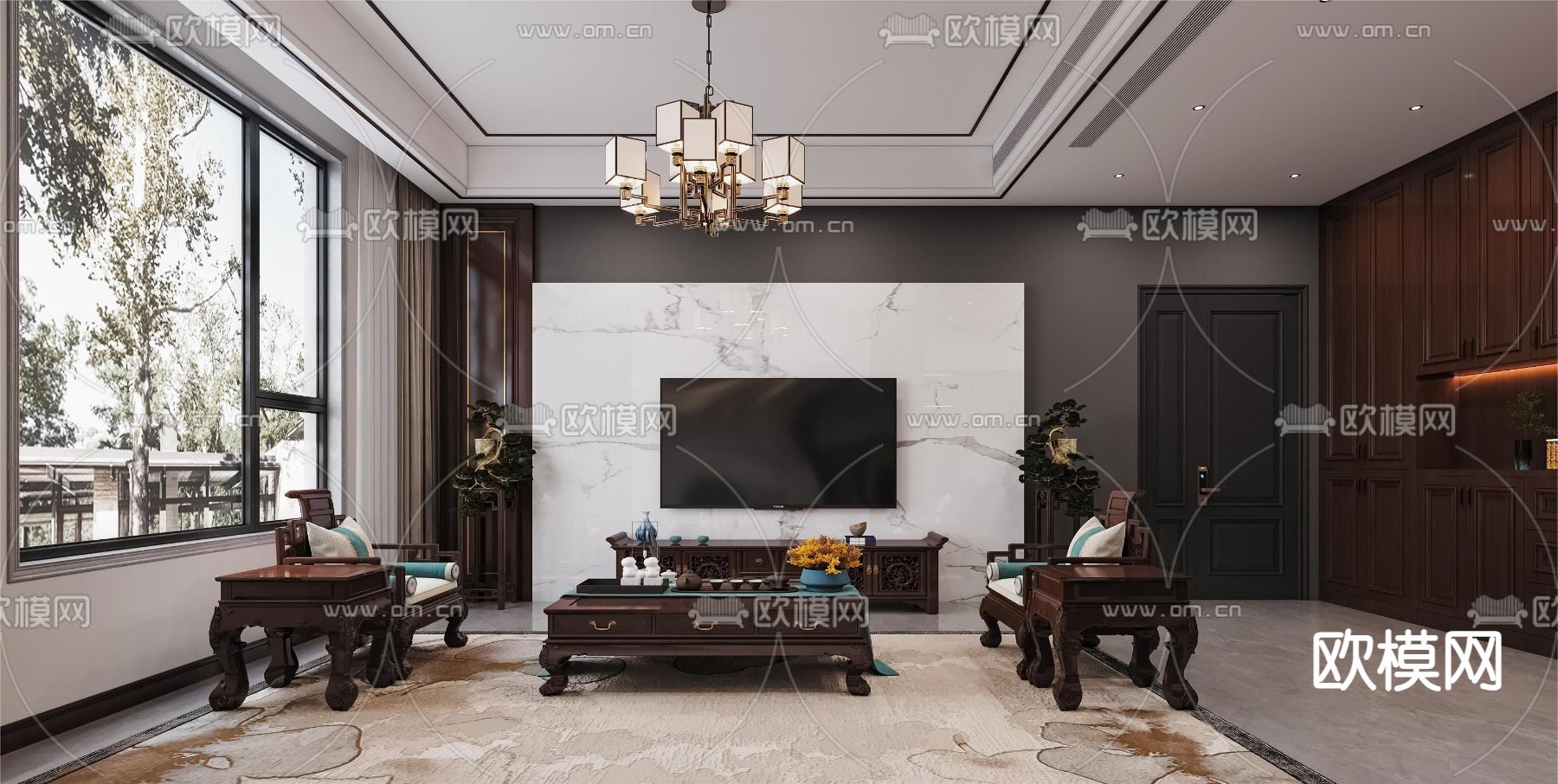 中式客厅3d模型下载（渲染图2）