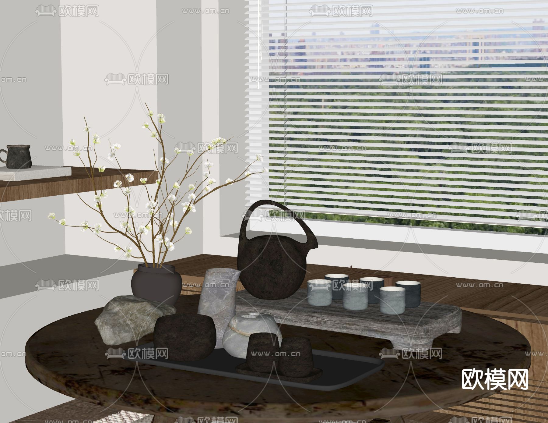 新中式茶具 茶壶 茶杯 陶罐 托盘su模型下载（渲染图1）