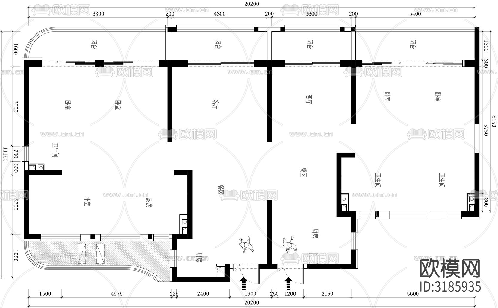 2024年194㎡两户打通创新户型改造优化户型平面设计cad施工图下载（渲染图2）