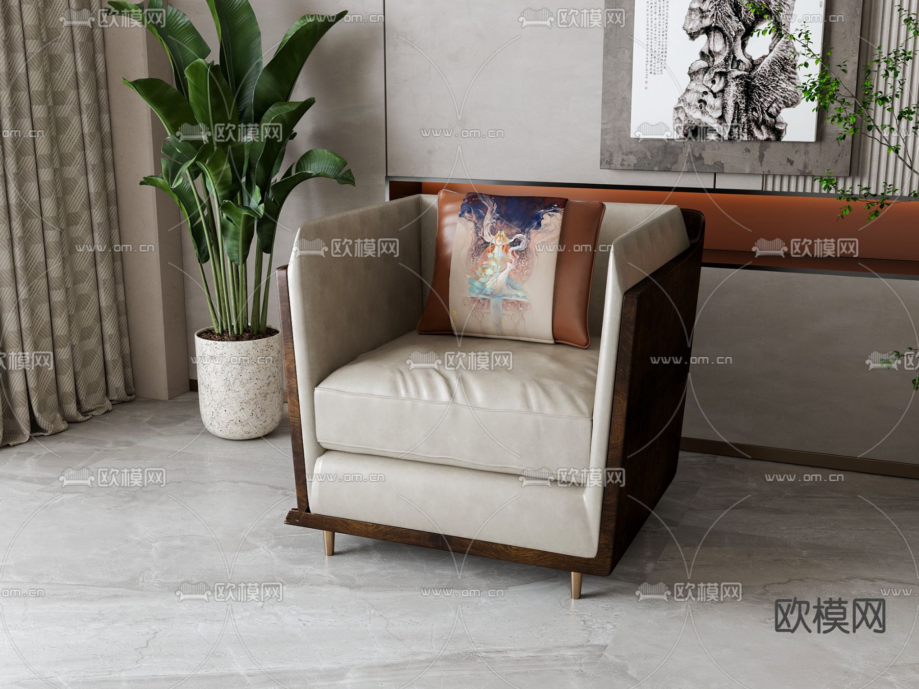 新中式单人沙发3d模型下载