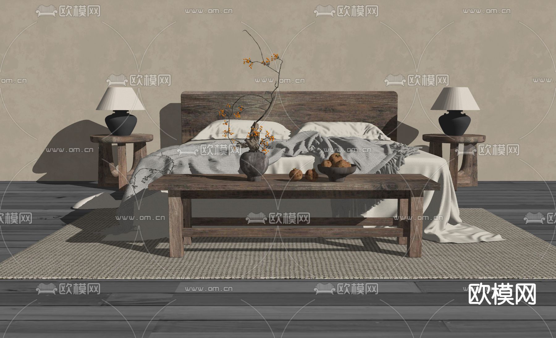 侘寂双人床su模型下载（渲染图1）