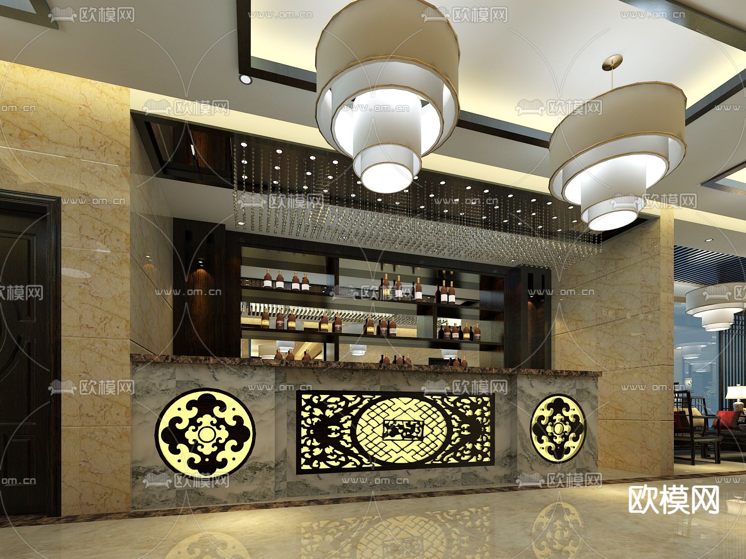 新中式酒店会客厅免费3d模型下载（渲染图1）