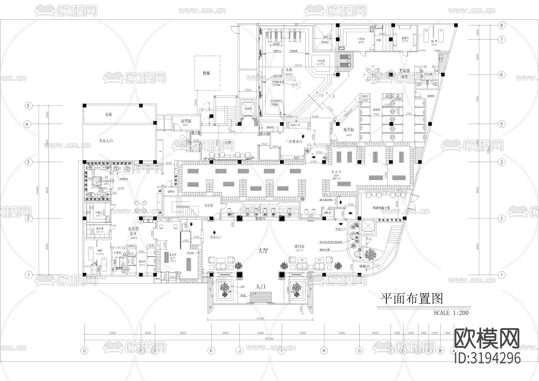 1600㎡汤泉水疗 洗浴中心CAD施工图下载（渲染图2）