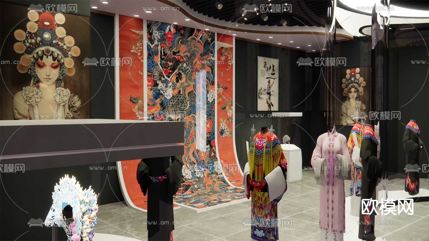 中式戏曲文化展厅3d模型下载（渲染图1）