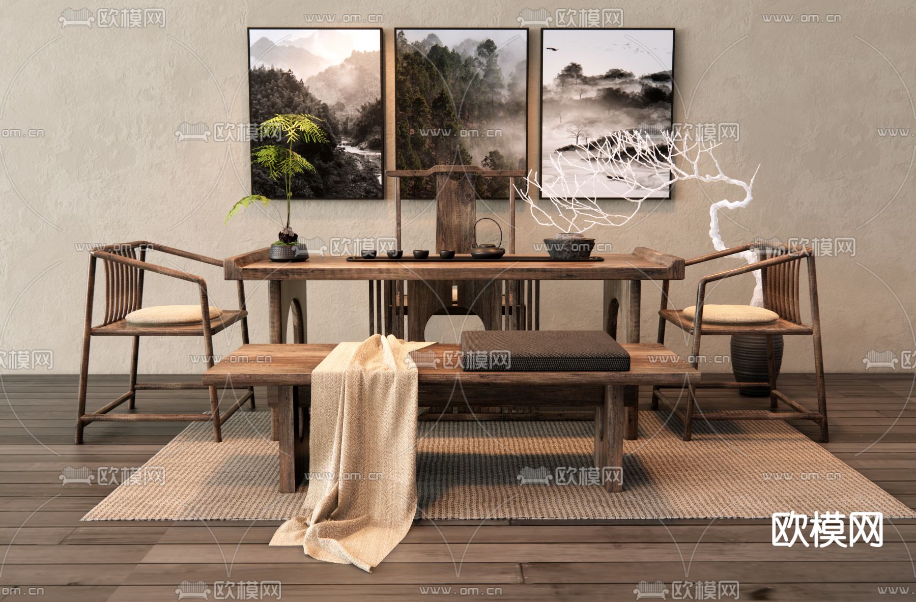 中式茶桌椅 茶台3d模型下载