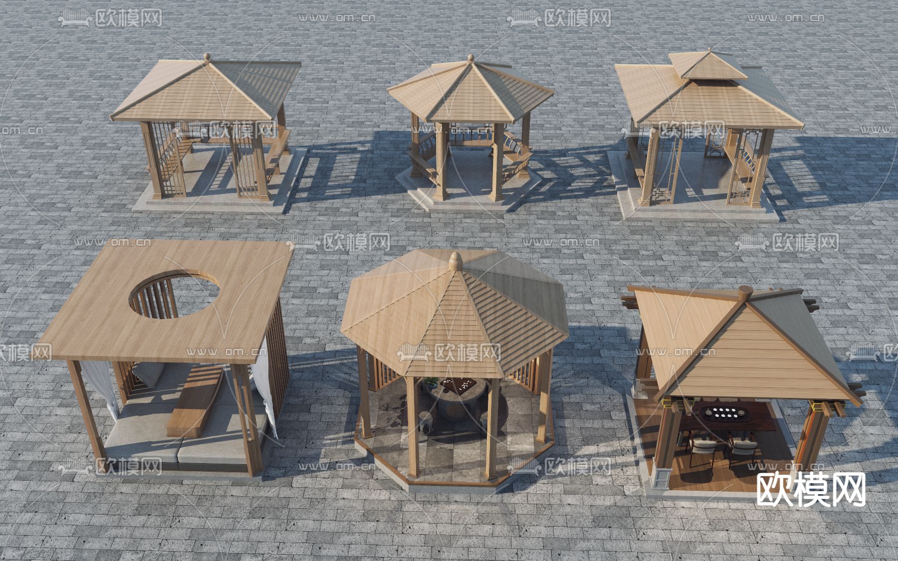 中式亭子 木亭 廊亭 廊架3d模型下载