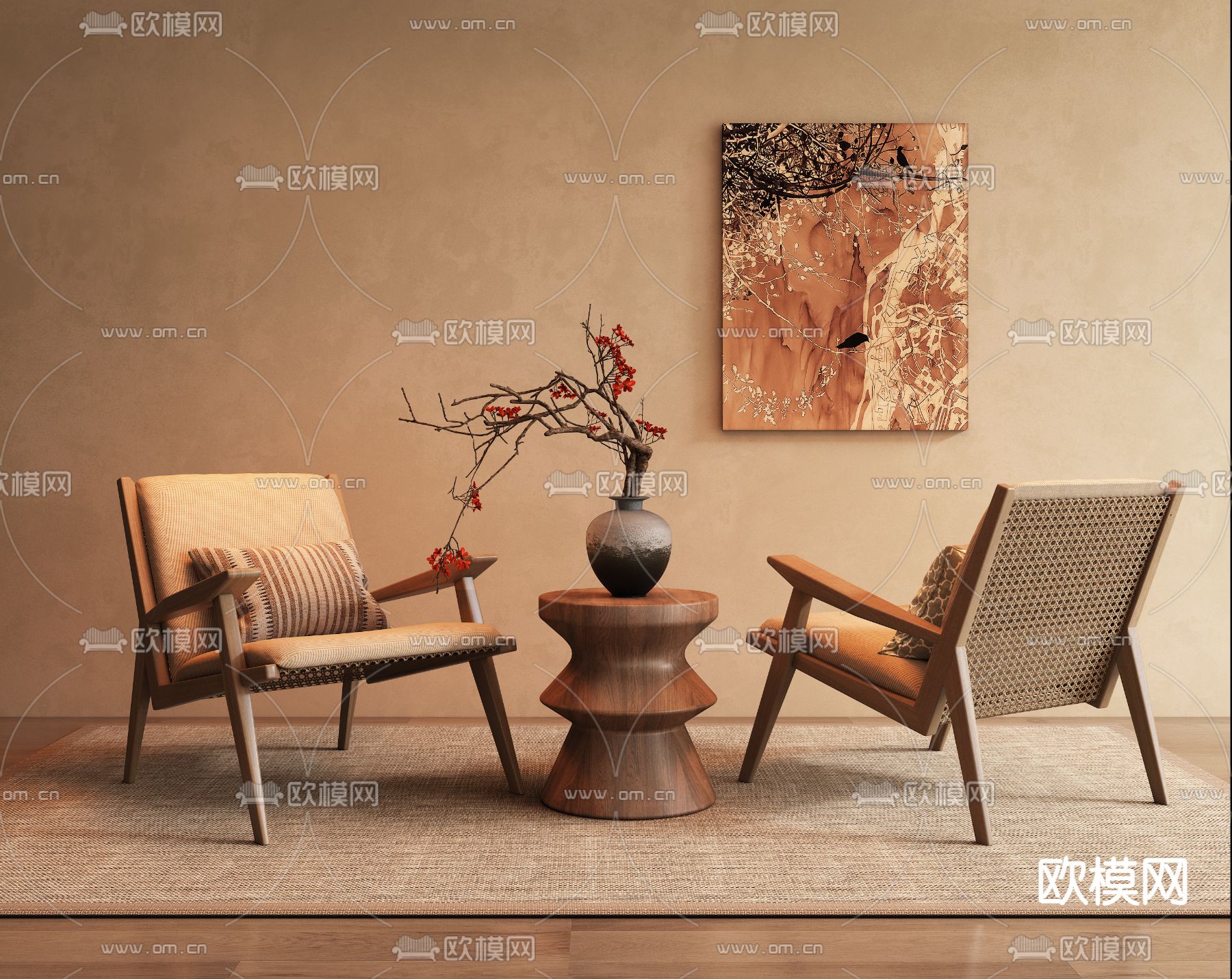 侘寂风休闲椅 藤编休闲椅3d模型下载