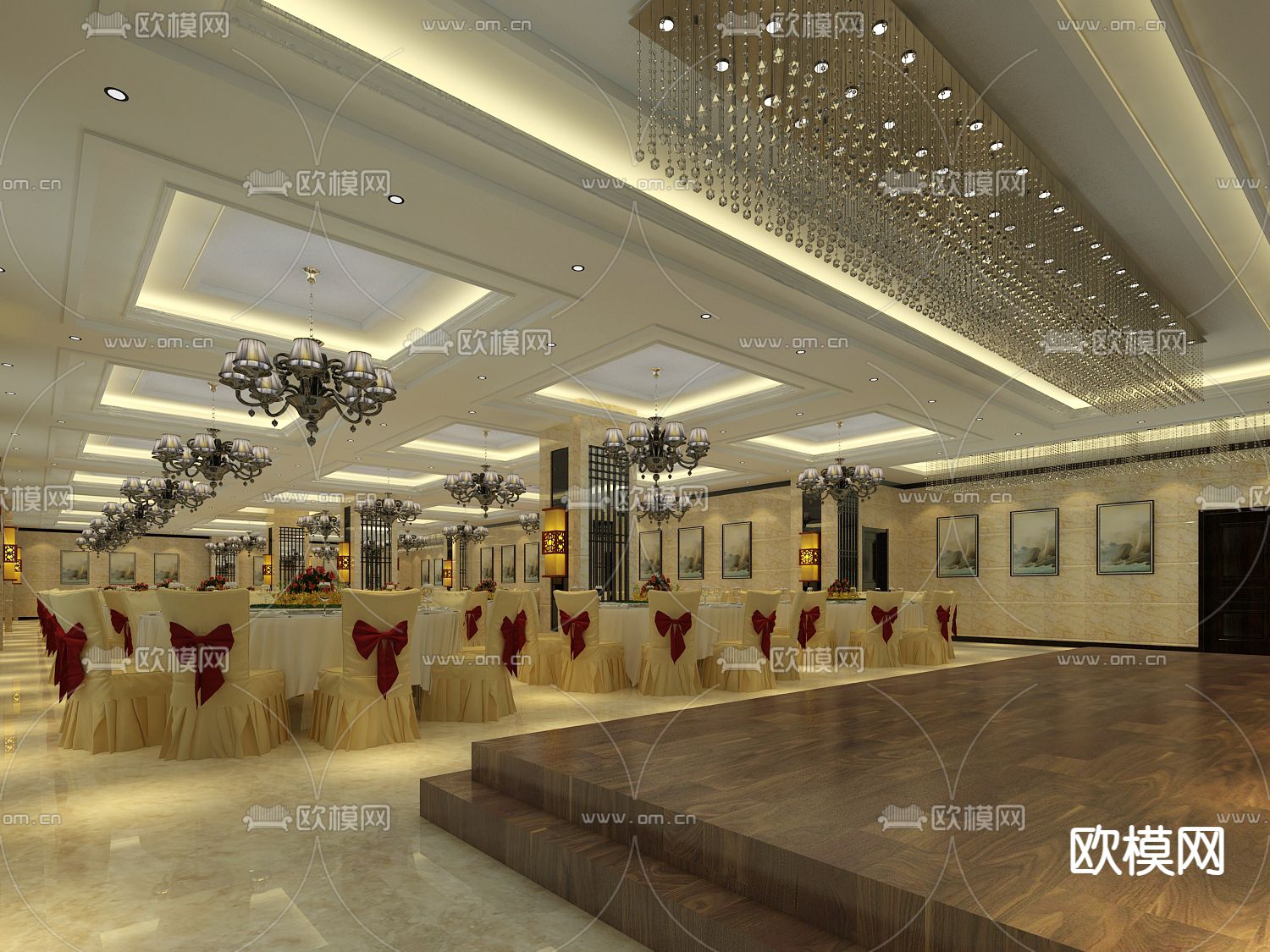 新中式宴会厅免费3d模型下载（渲染图3）