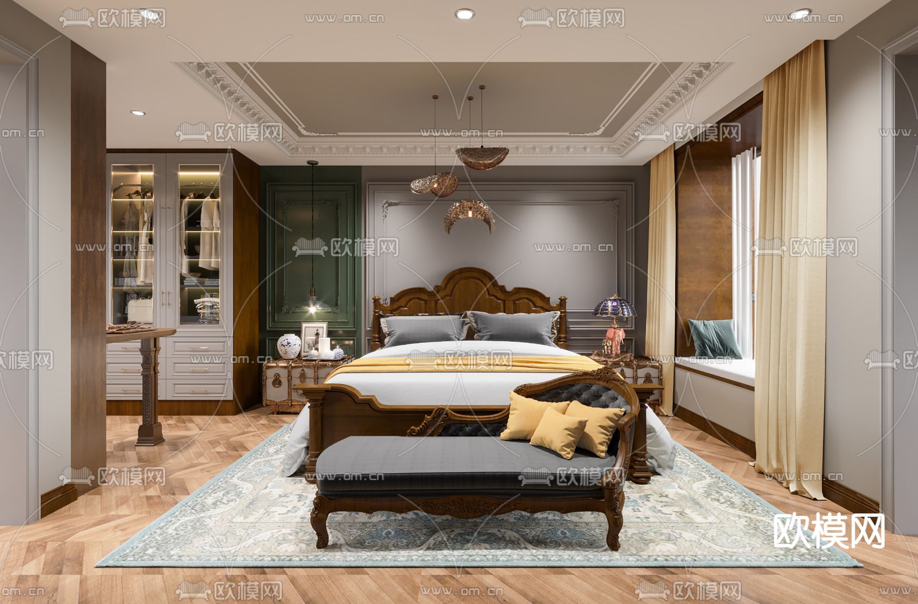 欧式古典卧室 主卧 主人房3d模型下载（渲染图1）