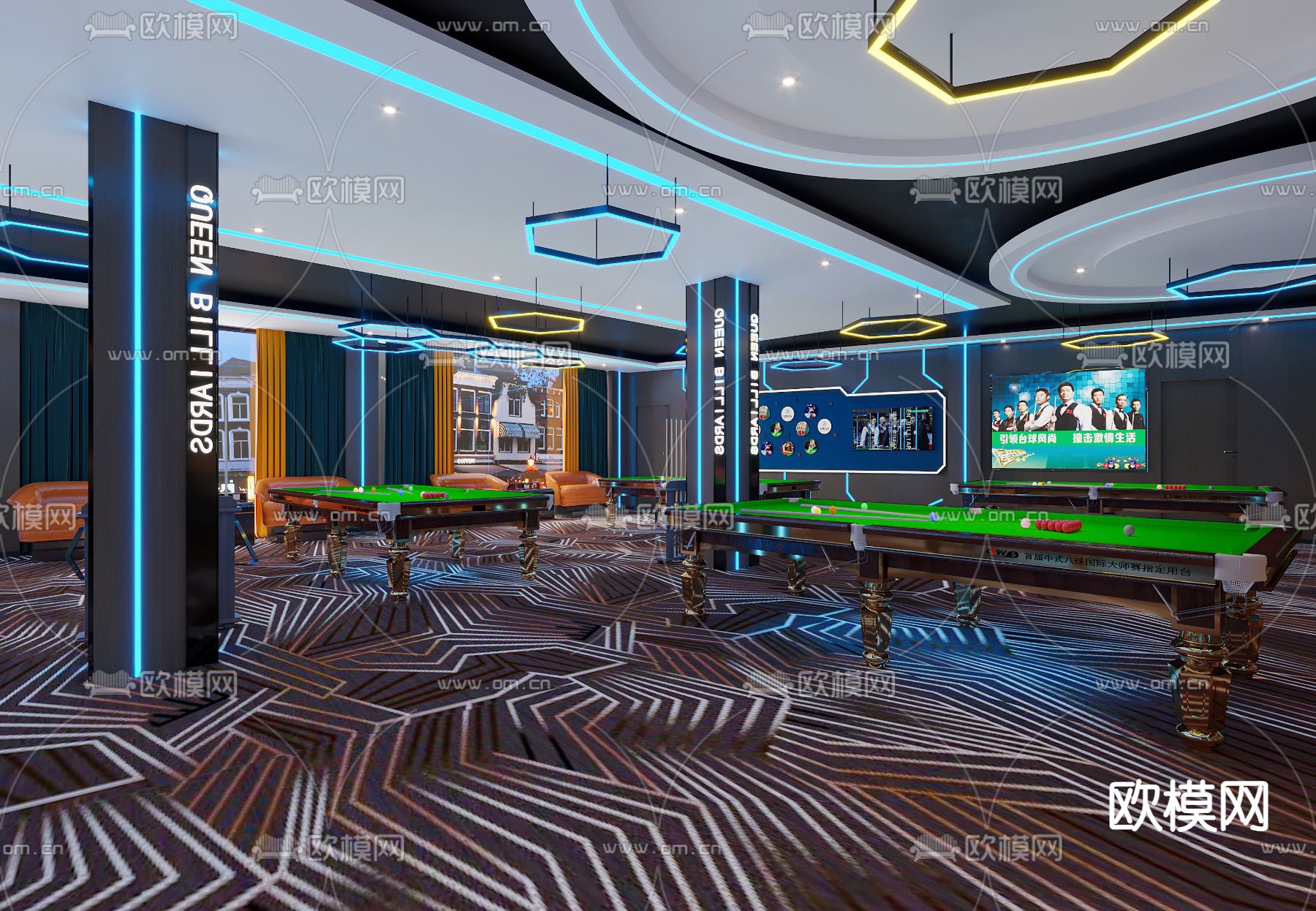 工业风台球室 桌球馆3d模型下载（渲染图3）