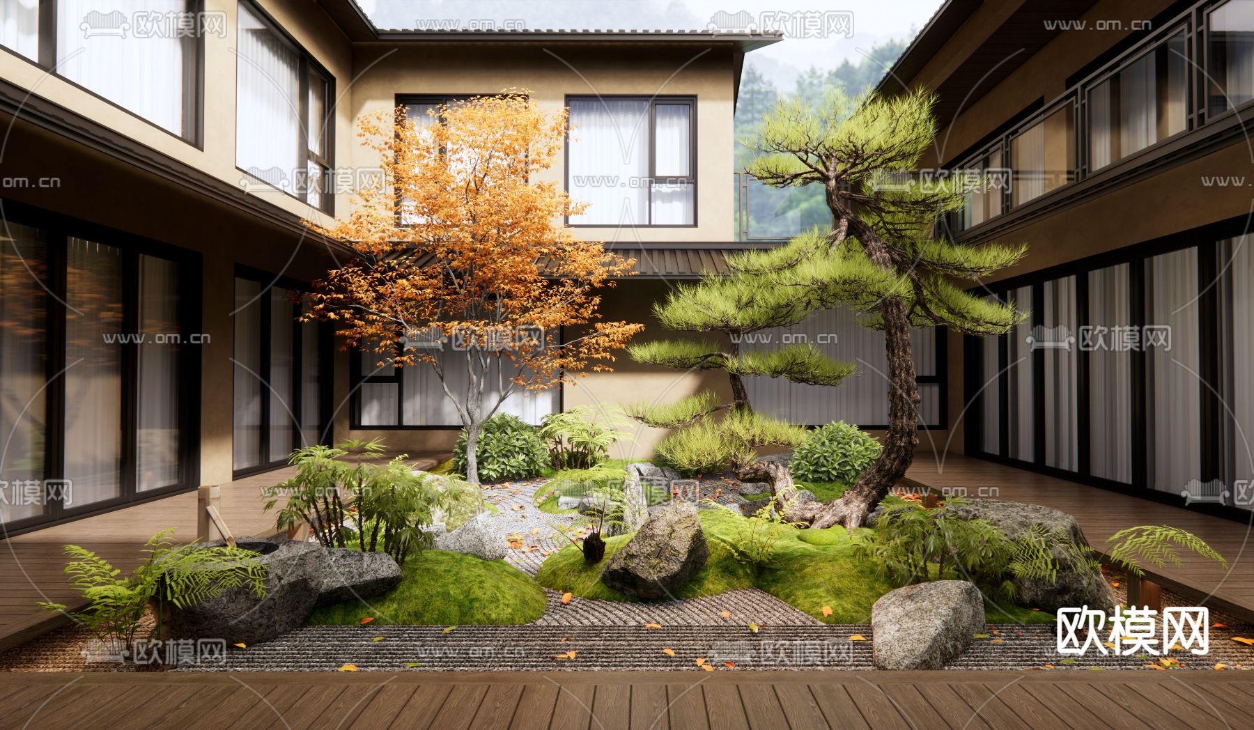 新中式中庭 庭院景观 景观造景3d模型下载