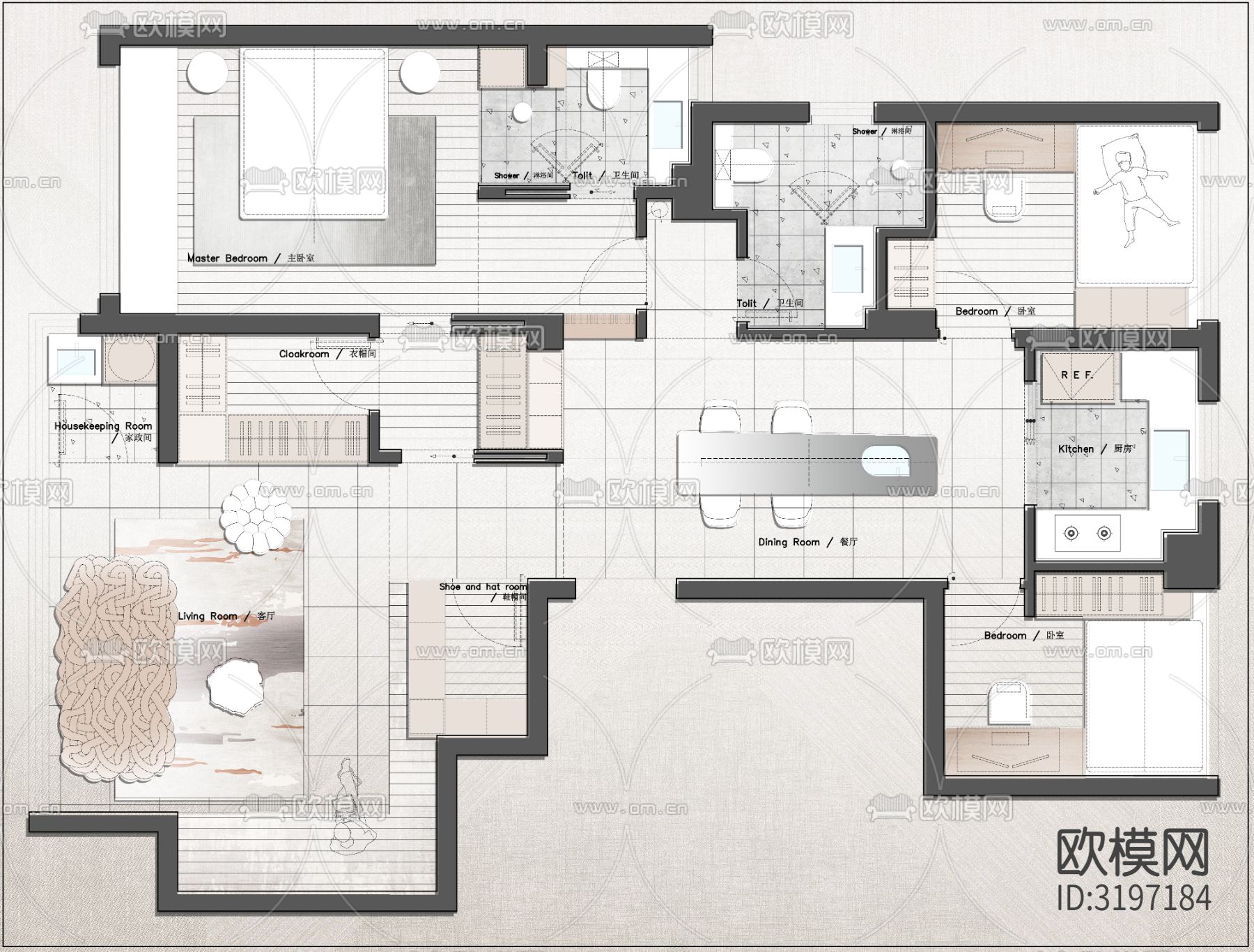 100㎡平层3房两稿方案cad施工图下载（渲染图2）