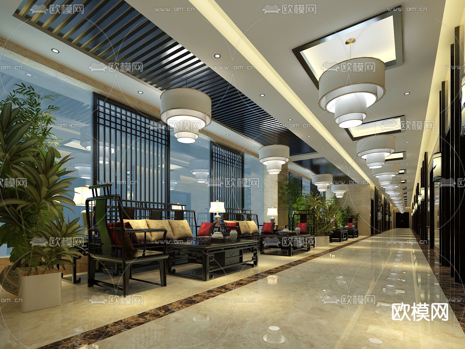 新中式酒店会客厅免费3d模型下载（渲染图2）