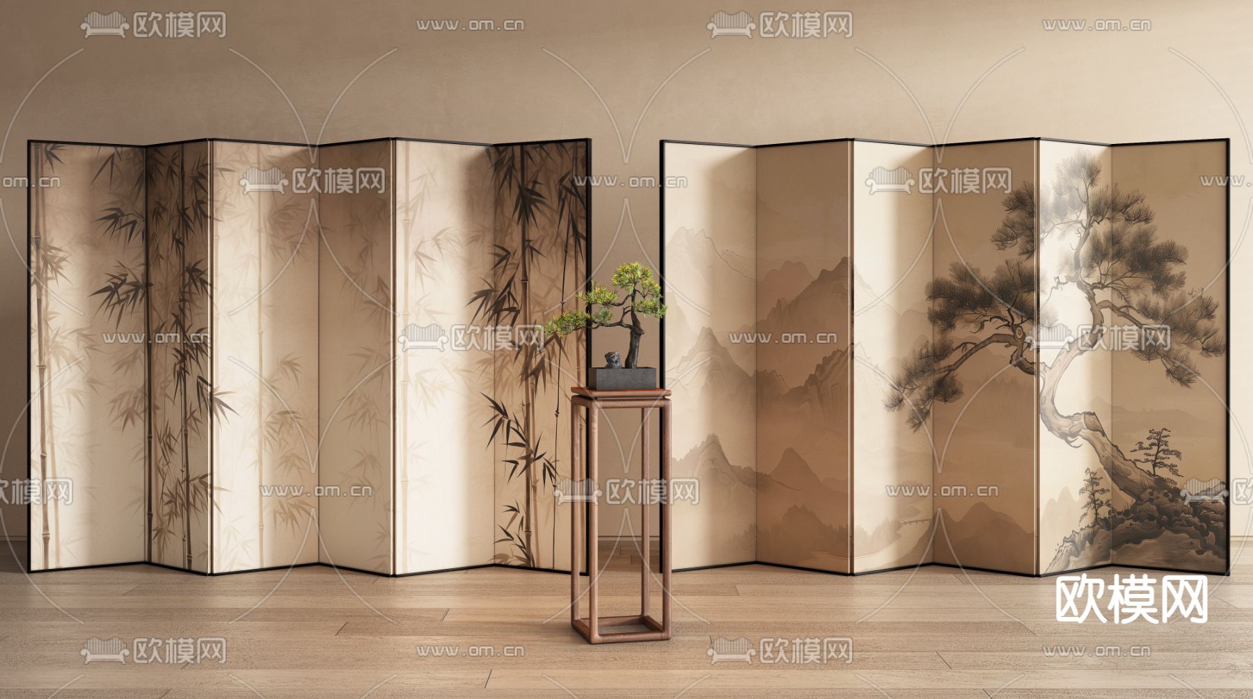 新中式水墨屏风3d模型下载