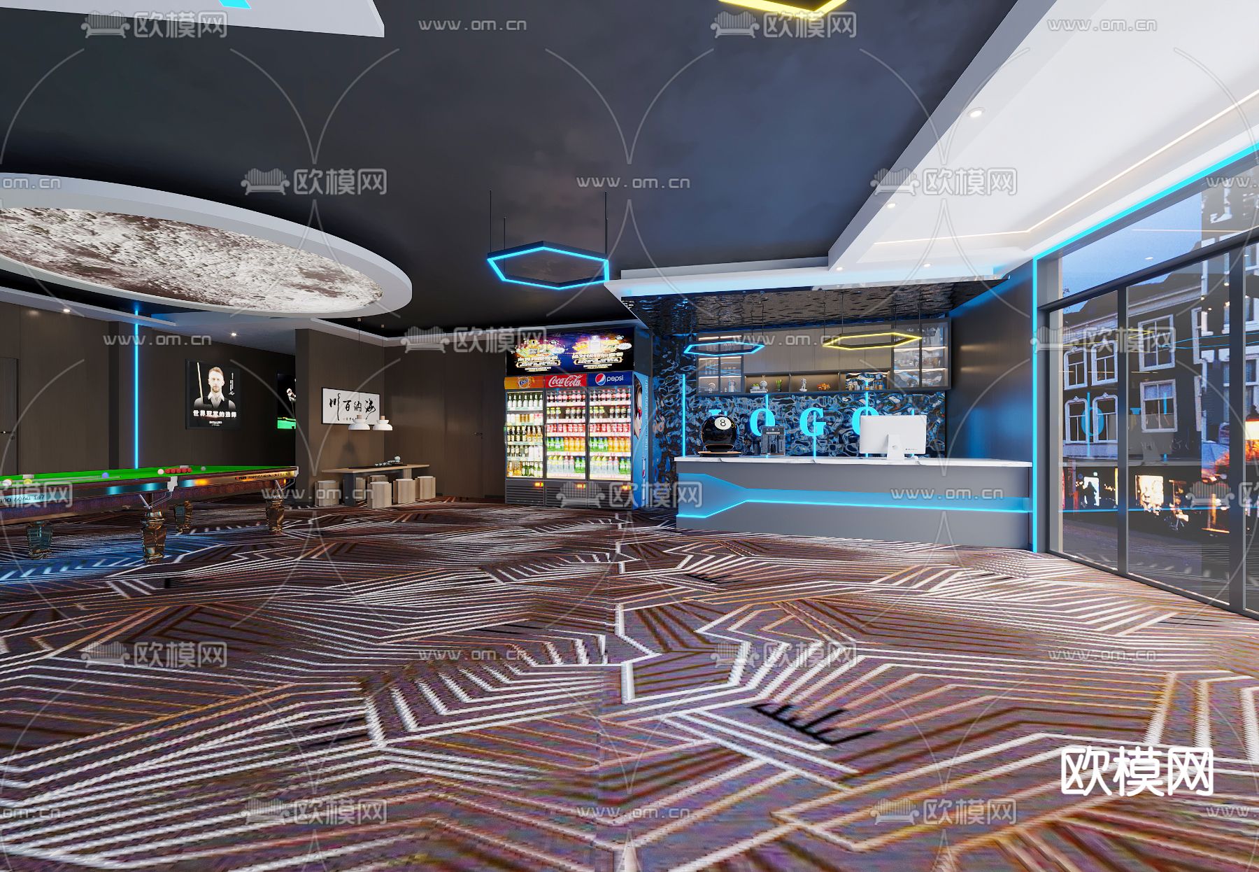 工业风台球室 桌球馆3d模型下载（渲染图1）