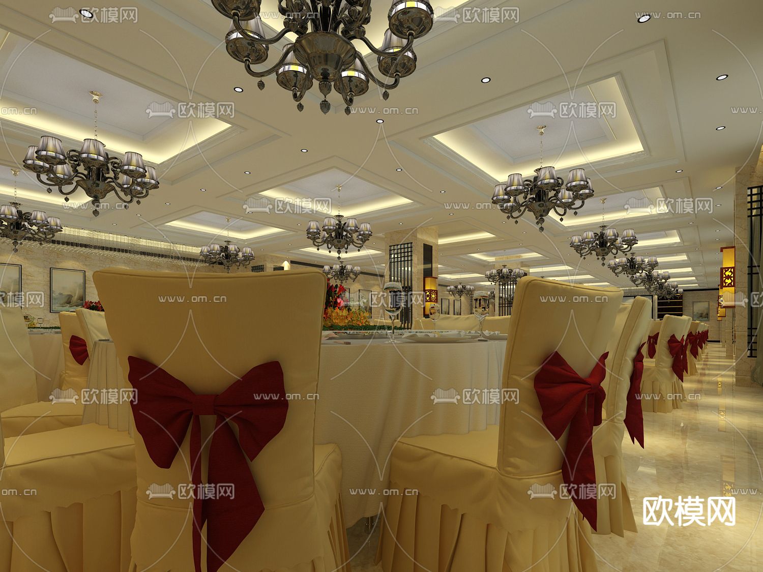 新中式宴会厅免费3d模型下载（渲染图2）
