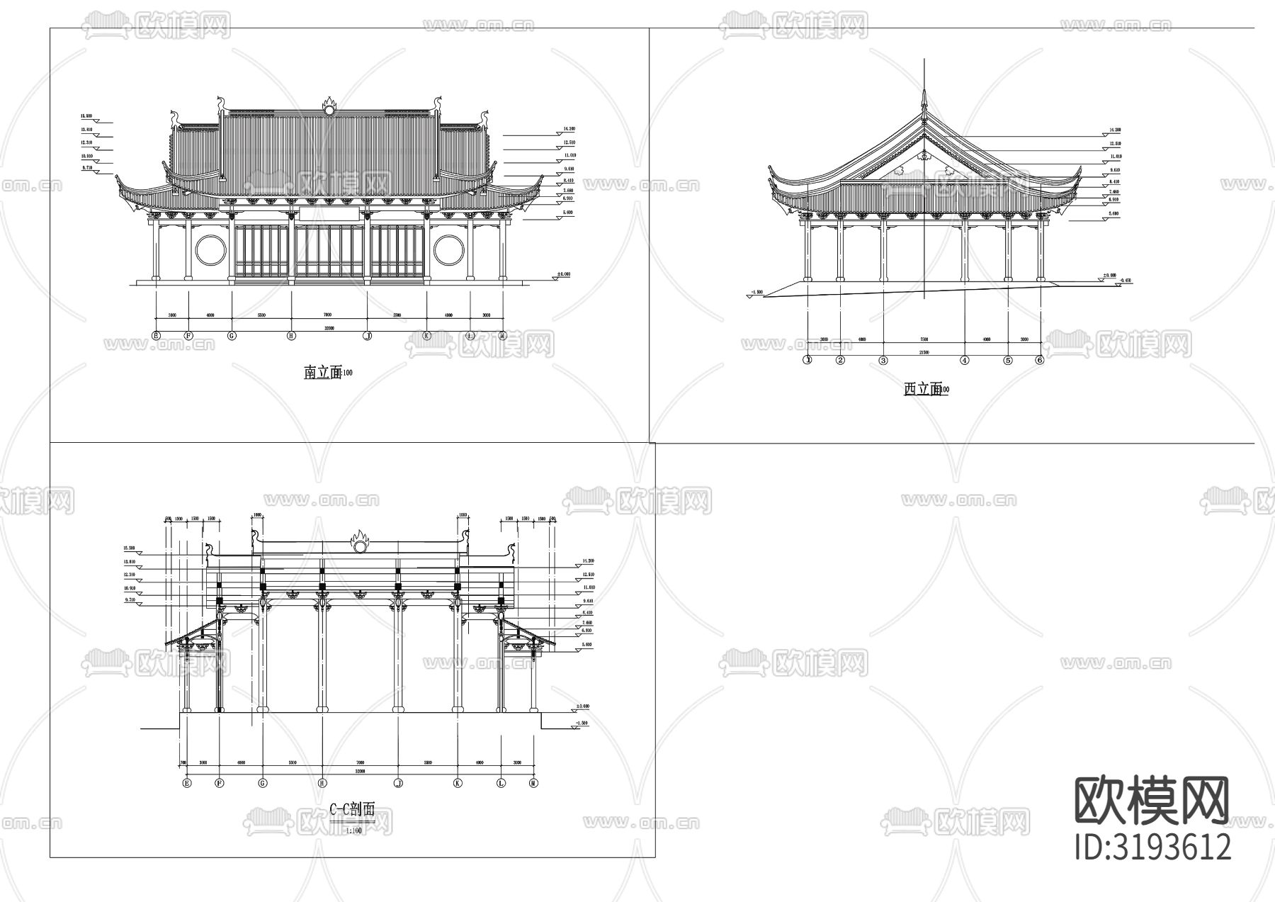 山门建筑CAD施工图下载（渲染图2）
