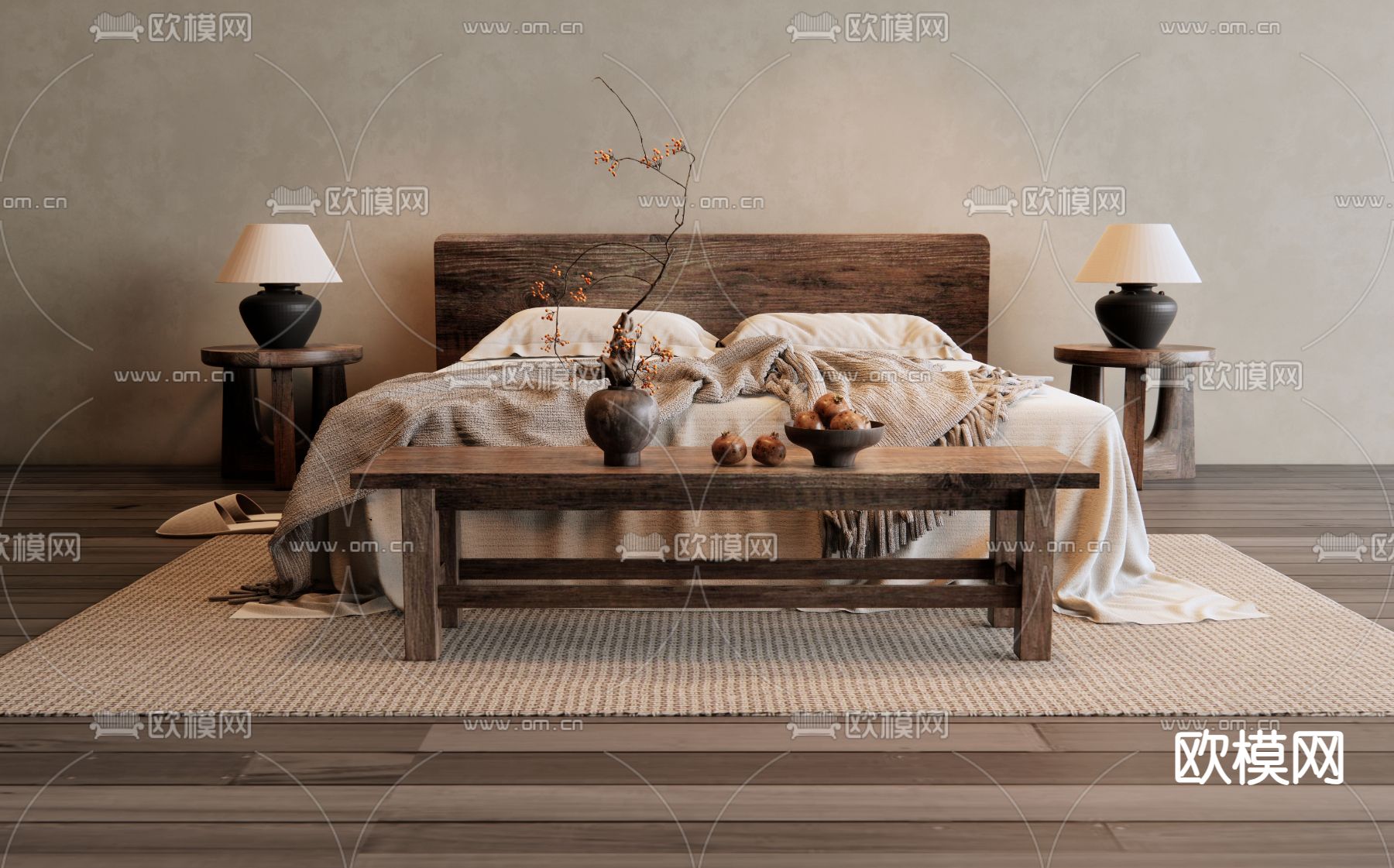 侘寂双人床su模型下载（渲染图2）