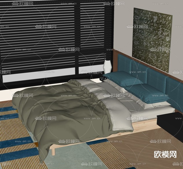 中古风双人床su模型下载(渲染图1)