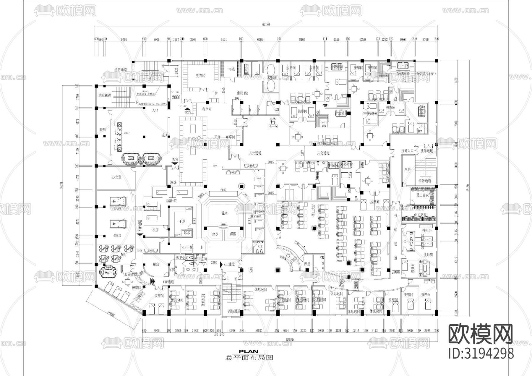 2860㎡汤泉水疗 洗浴中心CAD施工图下载（渲染图2）