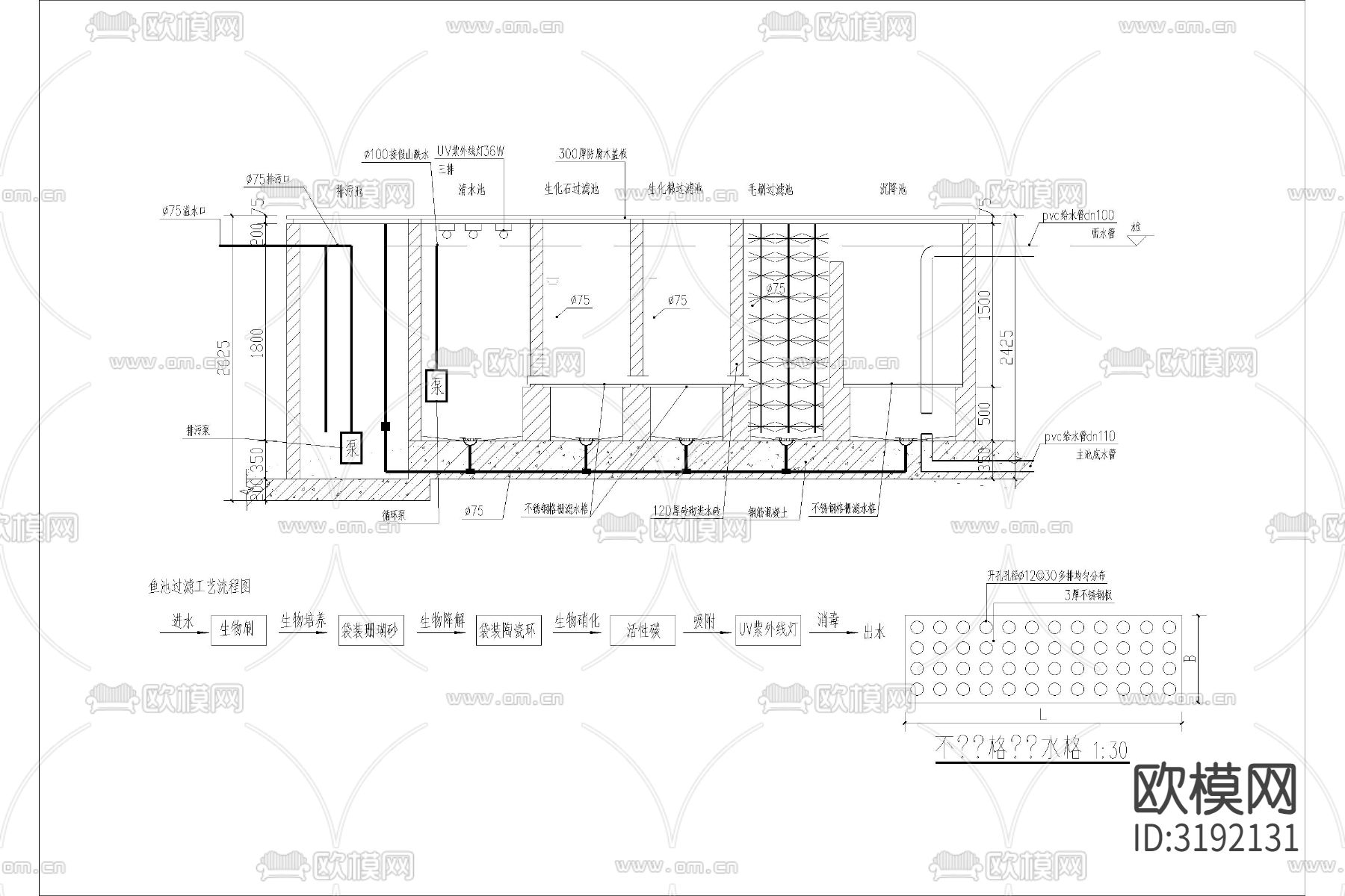净化鱼池生化净化仓cad大样图下载（渲染图3）