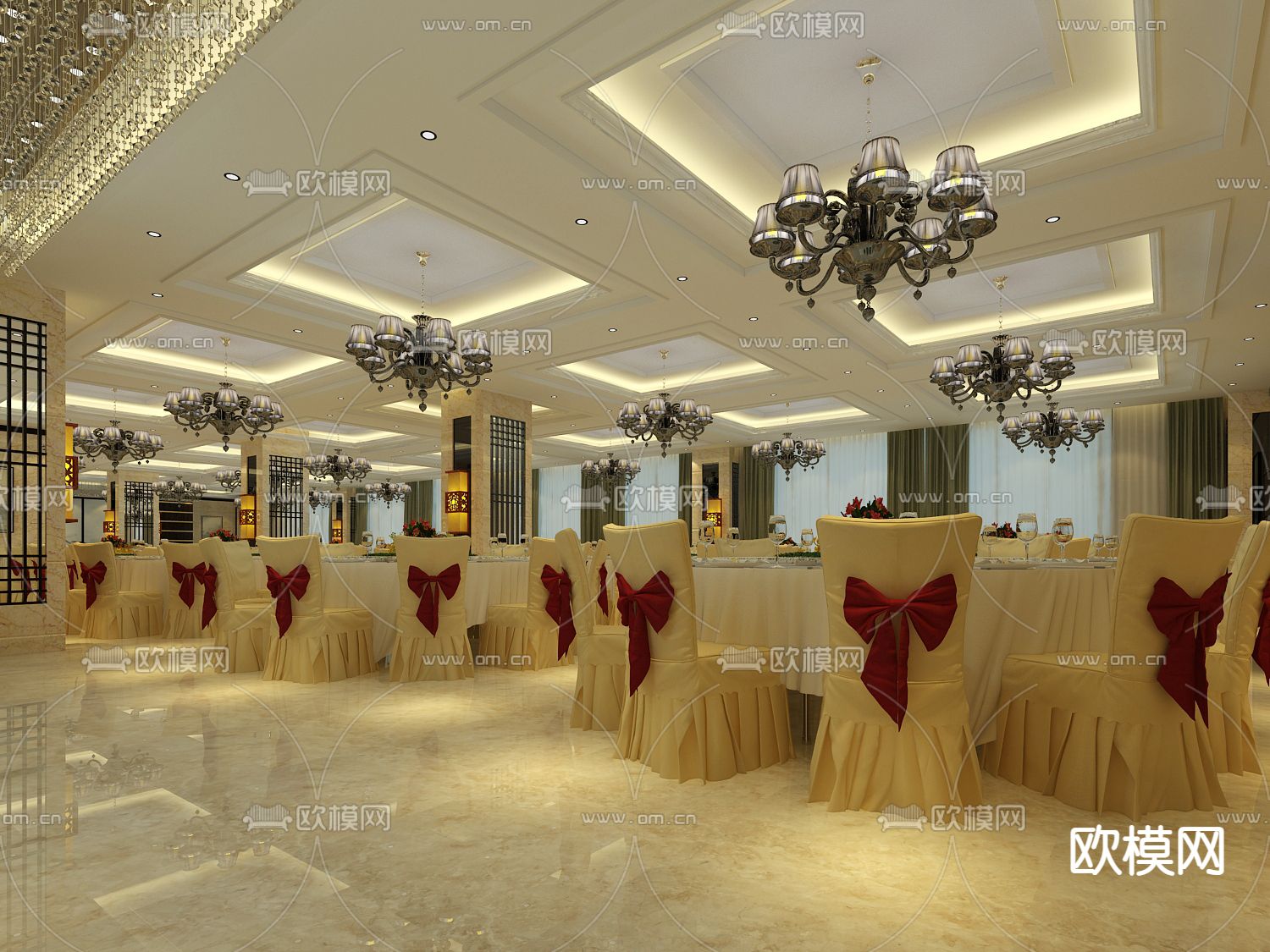 新中式宴会厅免费3d模型下载（渲染图1）