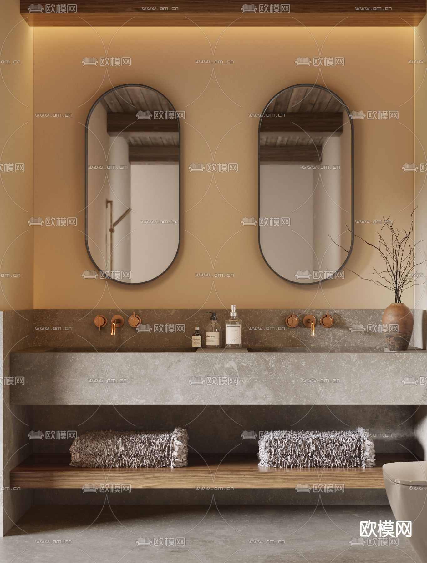 侘寂风洗手盆 双盆洗手台3d模型下载（渲染图2）