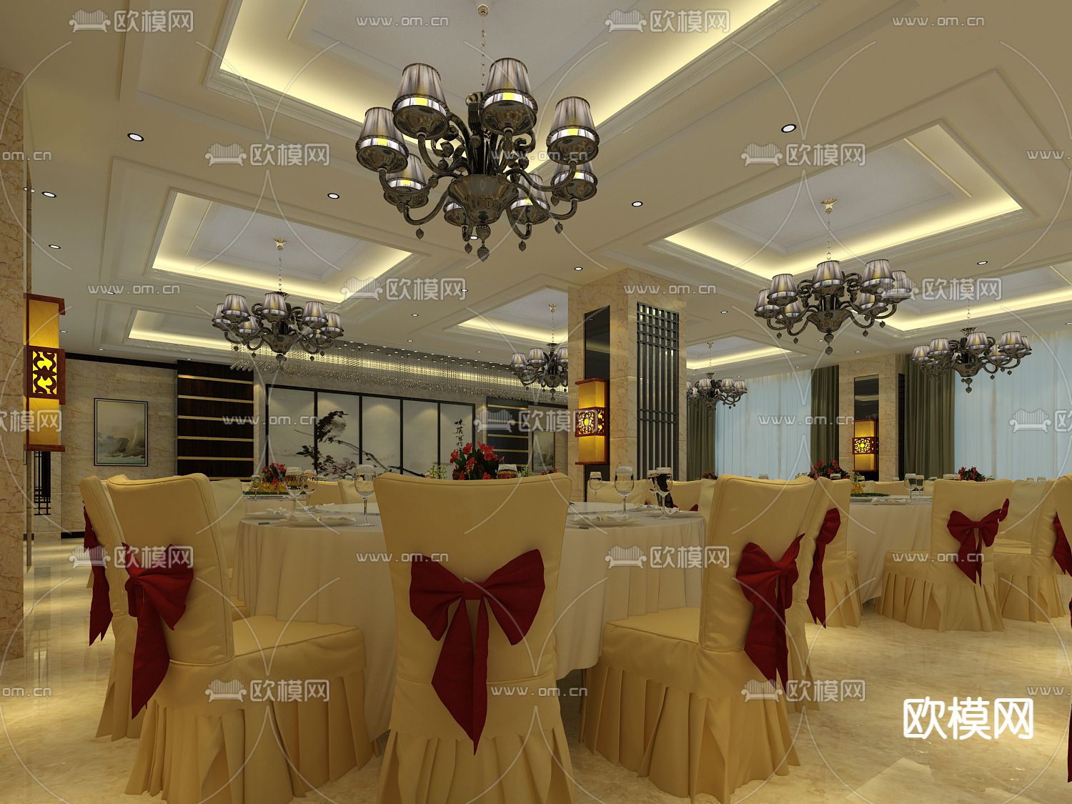 新中式宴会厅免费3d模型下载（渲染图5）
