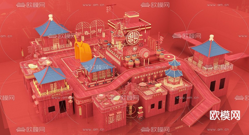 中式新年美陈3d模型下载(渲染图3)
