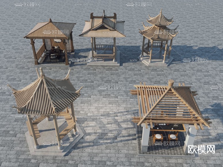 中式亭子 木亭 廊亭 廊架3d模型下载