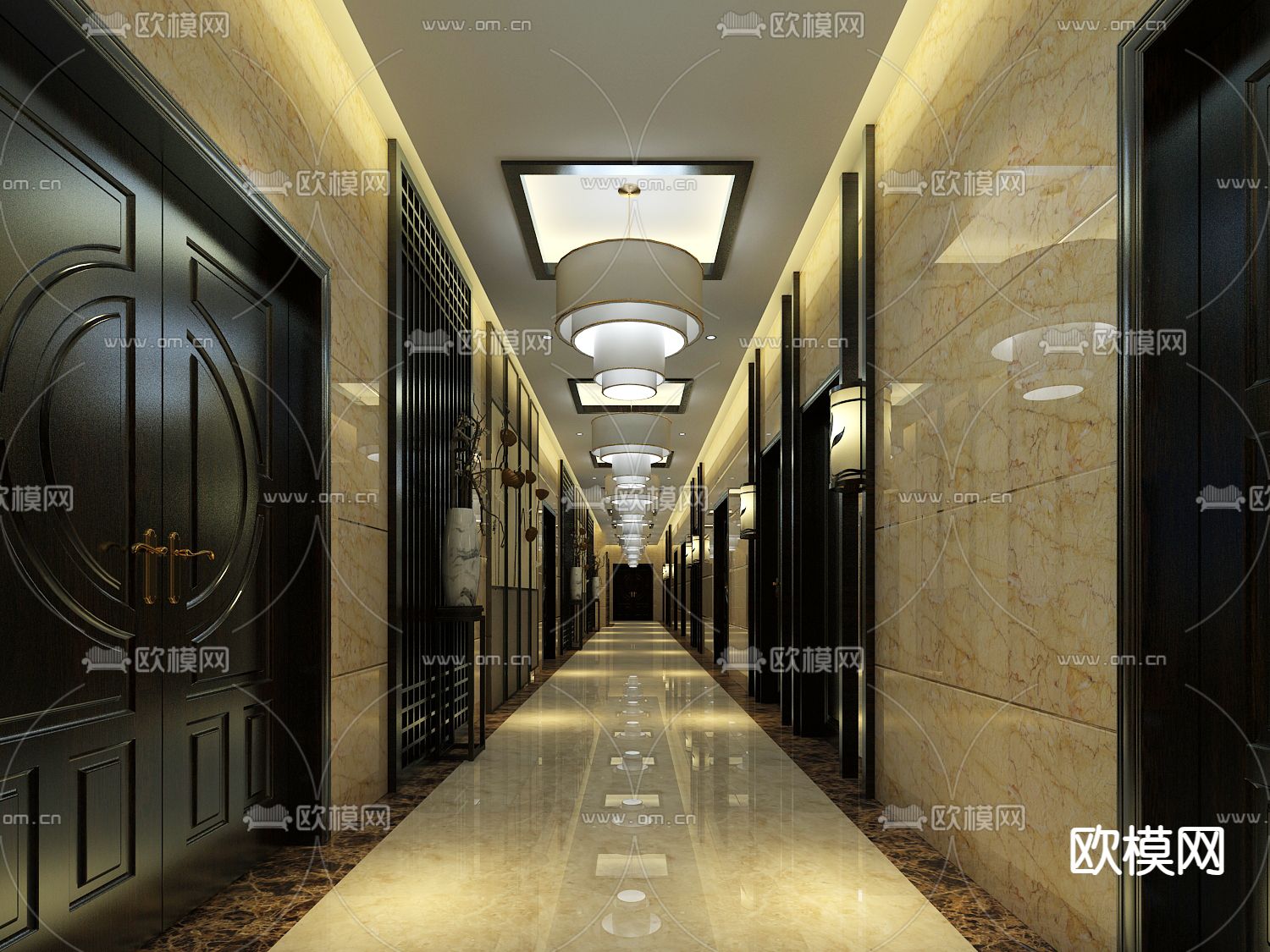 新中式酒店会客厅免费3d模型下载（渲染图3）